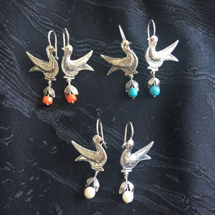 Сережки "Пташечки": срібло, корал, бірюза, перли